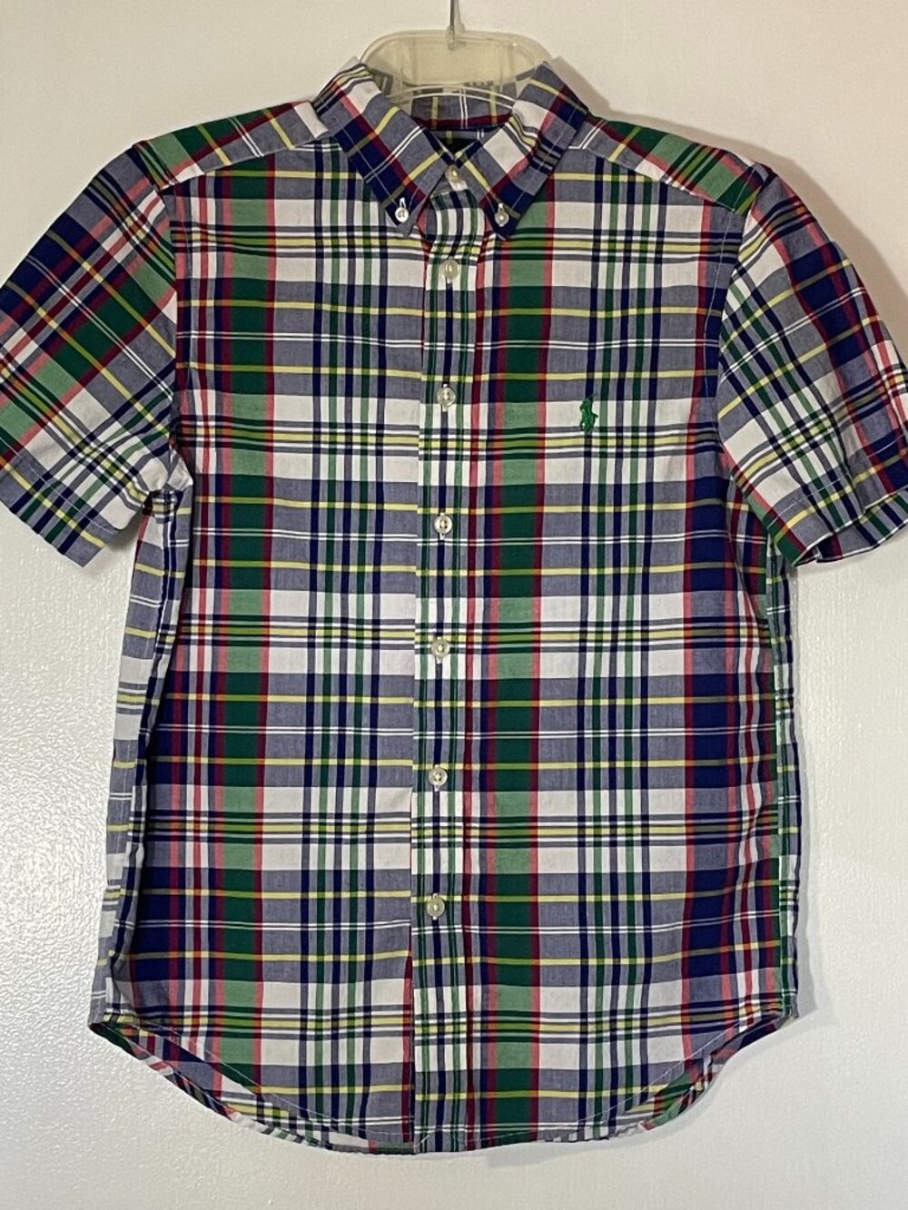 Ralph Lauren Boys’ Green Blue Plaid Short Sleeve Oxford Shirt Size M 10‑12